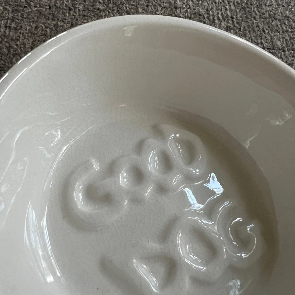 Debby Carman Good Dog Ceramic Bowl White Heart Embossed Pet Dish Crackle Glaze